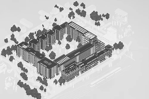 Isometrische, monochrome Architekturillustration der Zentrale Pratteln: mehrgeschossiger U‑förmiger Gebäudekomplex mit Innenhof, Bäumen, stilisierten Personen, Straßenbahn und Fassadenbeschriftung.