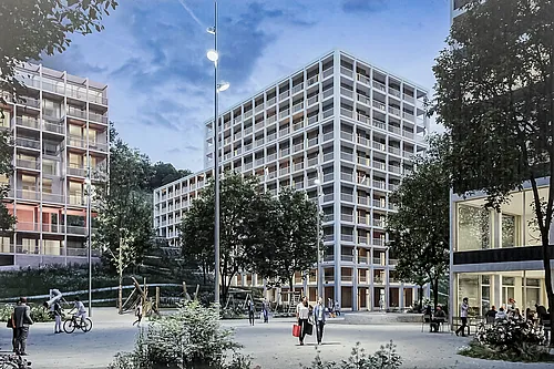 Lotissement Eichhofwest à Kriens : vue sur des immeubles d'habitation modernes à plusieurs étages avec des façades en forme de grille, une place centrale avec des arbres, une aire de jeux et des personnes.
