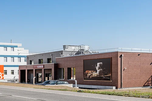 Bâtiment de production de plain-pied avec fromagerie : façade marron, grand motif représentant du fromage, entrée avec des portails et deux voitures garées.