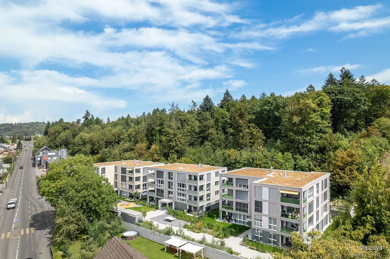 Luftaufnahme von drei hellen, viergeschossigen Mehrfamilienhäusern mit großen Fenstern, Balkonen und begrünten Flachdächern. Vor den Gebäuden kleine Gärten, Wege und Sitzplätze; rechts dichter Wald, links eine Strasse mit Zebrastreifen.