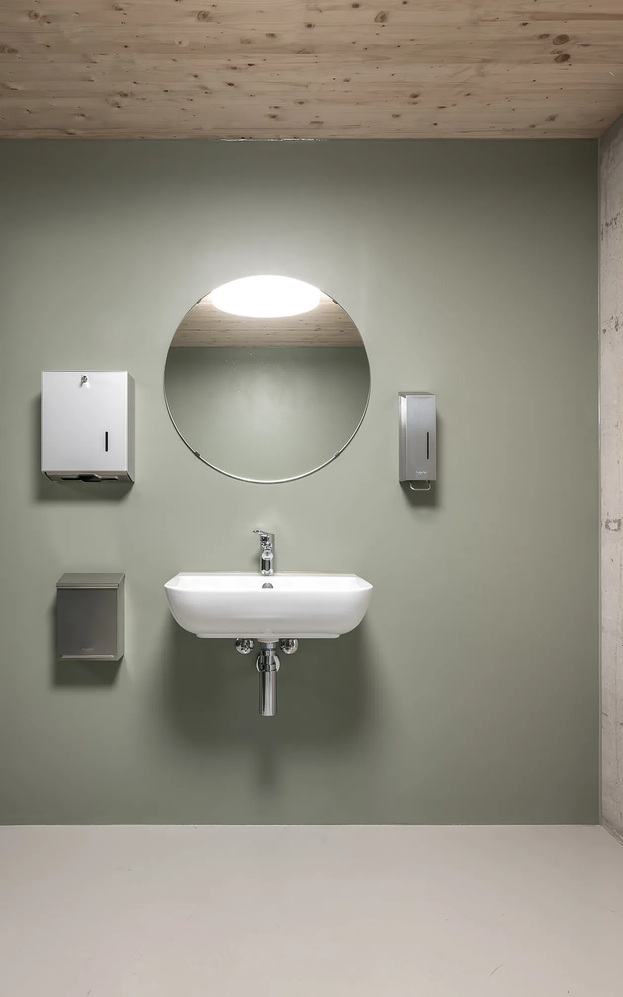 Blick in einen barrierefreien Sanitärbereich: mattgrüne Wand mit rundem Spiegel, wandhängendes Waschbecken mit sichtbarem Siphon, Seifen- und Papierhandtuchspender sowie Abfallbehälter; links geöffnete dunkle Innentür, rechts rohe Betonwand, heller Boden und Holzdecke.