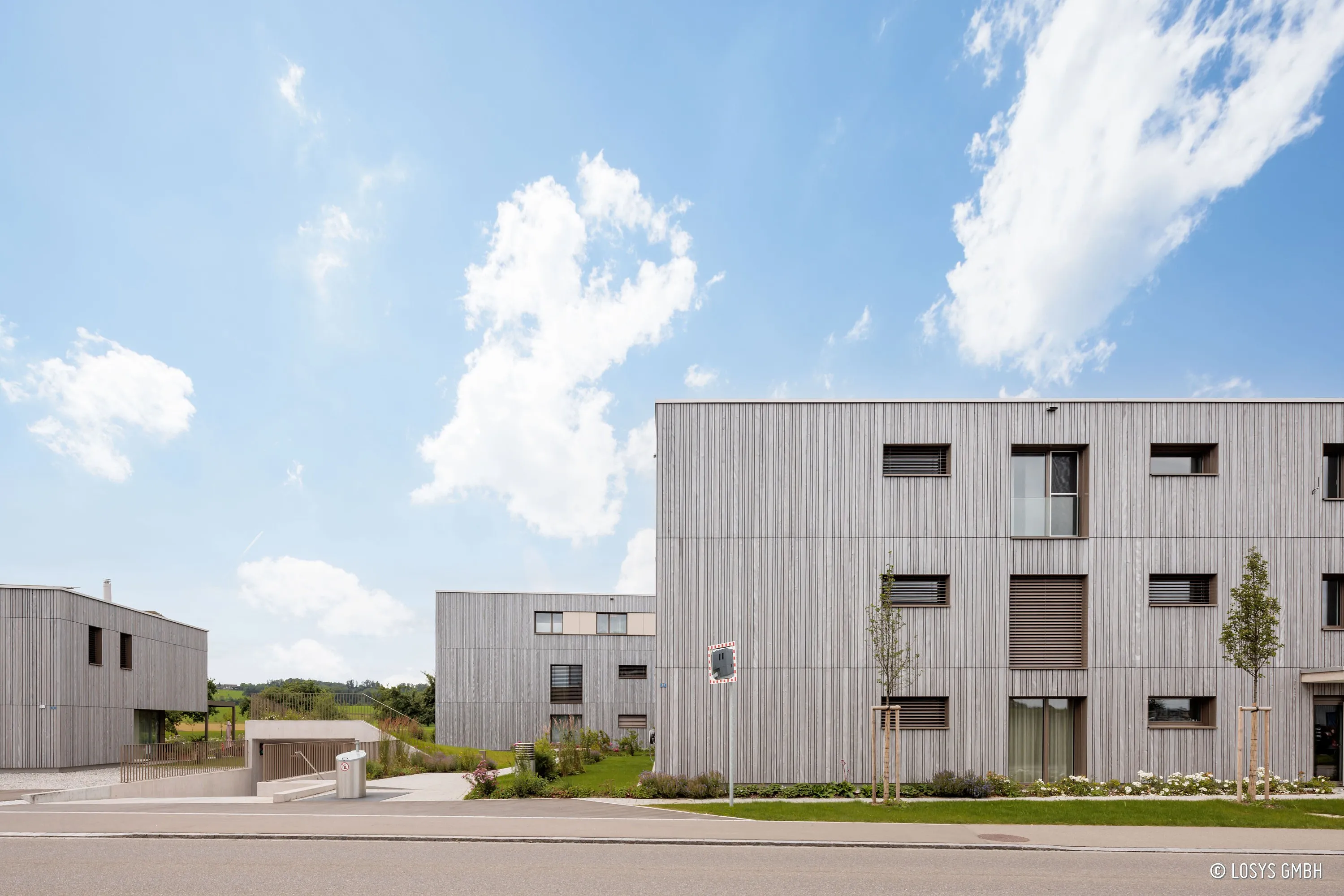 Außenaufnahme eines modernen Wohnhausensembles mit hellen, vertikalholzverkleideten Fassaden. Rechteckige Fenster und Lamellen, junge Bäume, Rasen, Gehweg und Tiefgarageneinfahrt links, klarer Himmel.