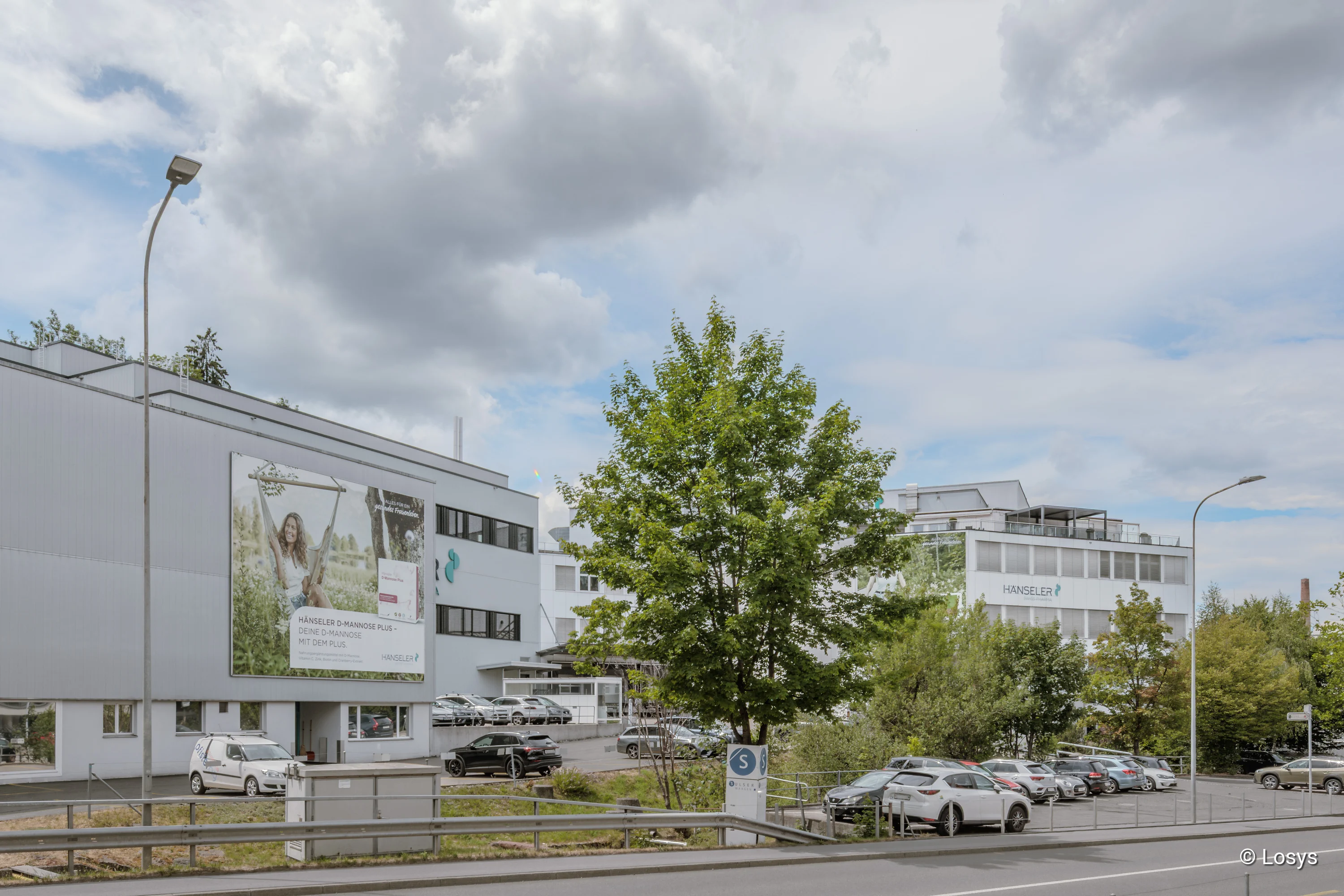 Exterior view of the new building and extension at Hänseler AG in Herisau: bright, multi-storey office and production buildings with a large façade poster, a tall deciduous tree in the centre of the picture, car parks with several cars in the foreground, and a cloudy sky.